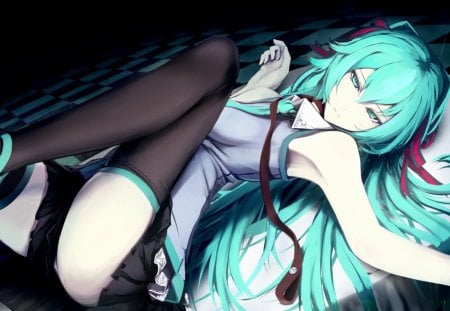 miku - tie, mini shirt, lieing down, stockings, pale, aqua hair, hatsune miku, sexy