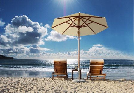 Sea sun sand, Check! - clouds, water, summer, relaxing, beach, lounges, table, sea, sunshine, sand, sun chairs, drink, sunrays, umbrella, sun