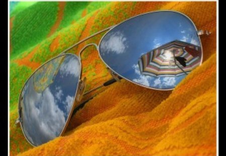 Summer sunglasses - sunshine, sun, summertime, summer, sunglasses, reflection, umbrella, stripes, clouds, towel, orange