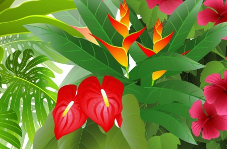 Color in the Jungle - flowers, colorful, fresh, green, bright, jungle, palm, leaves