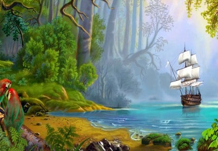 Island Sail - morning, beach, tropics, trees, sailing ship, light, mystical, tropical, fantasy, tall ship, mist, jungle, parrots, pirate