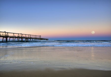 Ocean Waves - lights, lanterns, beautiful, beach, amazing, ocean, view, ocean waves, full moon, pier, nature, sunset, beauty, peaceful, sky, sand, clouds, lovely, splendor, moon, sea, waves