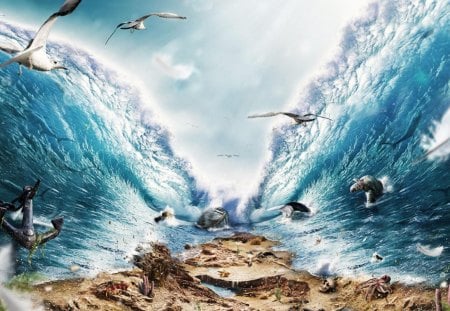 THE PARTING OF THE WATERS - oceans, dinosaurs, fishes, anchor, land and sea, death, seagulls, boats, dolphins, waves, miracles