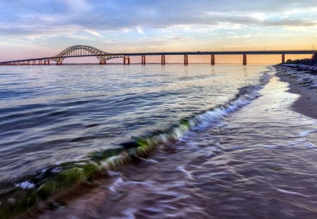 Lovely View - beauty, sky, beach, ocean waves, peaceful, water, colorful, coast, calm, amazing, view, purple, calmness, clouds, architecture, afternoon, bridge, sand, morning, ocean, summer, shore, lovely, waves, nature, pier, beautiful, splendor, colors, sunrise, sea