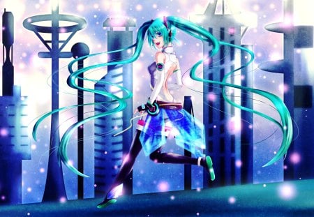 Hatsune Miku - aqua, hot, append, music, anime girl, stockings, white, amazing, art, cool, aqua eyes, artistic, hatsune miku, ecchi, sexy, leggings, light, song, stunning, vocaloids, program, glow, vocaloid, pink, beautiful, future, uniform, towers, diva, beauty, nice, twintail, singer, aqua hair, black, virtual, pretty, idol, anime, miku, cute, twin tail, girl, walking, sparkle, cg, hatsune, blue, awesome, digital, outfit