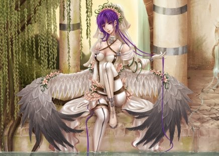 Angel - girl, feathers, angel, female, wings, long hair, boots, purple hair, pillar