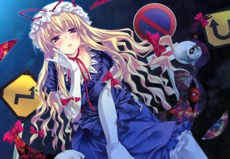 Yakumo Yukari - female, girl, night, long hair, touhou, dark, anime, yakumo yukari, dress, signs