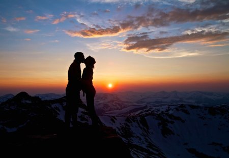 sweet kiss on top of the world - kiss, sunset, couple, mountain