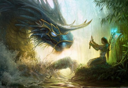 talk to a dragon - abstract, fantasy, forest, dragon