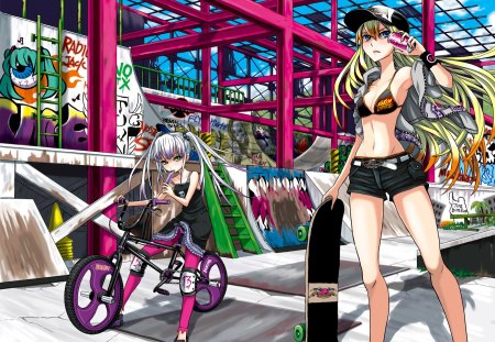 Anime - anime, original, graffiti, bicycle, skateboard