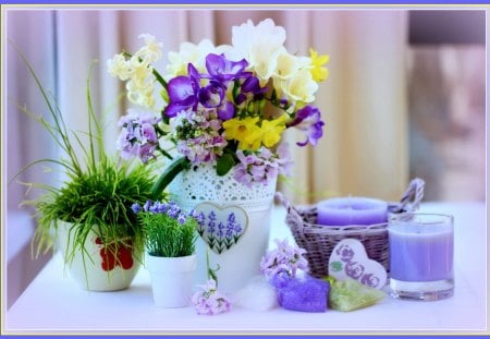 Still life - candles, white, decorating, home, hearts, purple, yellow, green, table, grass, lilac, lavender, curtains, summer, vase, blue, flowers, wildflowers, ferns