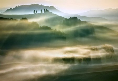 Mists - mists, trees, hills, green, mountains, valley