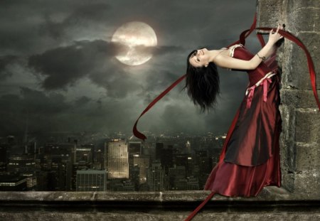 beauty in red - moon, beauty, cityscape, girl