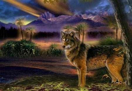 wolf in the woods - fantasy, animal, wolf, brown, woods