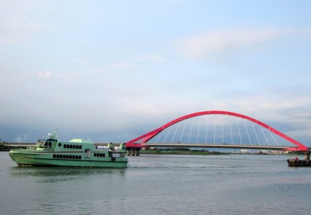 Ferry And Bridge - sky, ocean, bridge, ferry