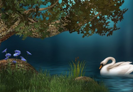 Quiet and beautiful pond - swan, vector, 3d, tree, grass, pond