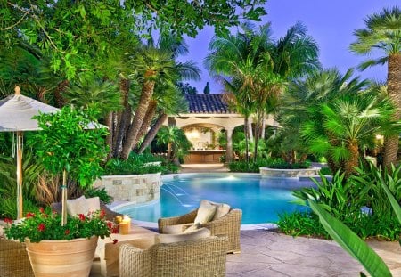 garden pool - swimming pool, bar, sunset, chairs, evening, architecture, house, garden, relax, interiors, palm trees, vases, night, summer, fountains, nature, furniture, flowers, pool