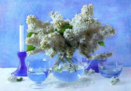 White Lilacs & Pretty Blue Glass - pretty, vase, blue, candle, lilac, photo, still life, white, art, glass