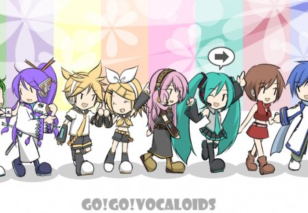 Go!Go!Vocaloids - anime, yellow, blue, brown, aqua, songs, purple, red, sing, boys, jpn, mix, note, colors, girls, black, green, vocaloids, go