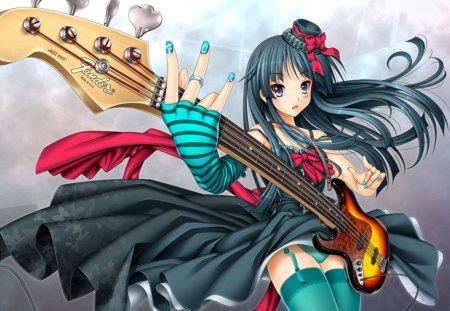 Guitar play - pop, note, black, cute, guitar, abstract, band, girl, manga, hat, clip, fun, video games, rock, play, love, anime, light novel, dress, small hat, blue, k-on, long hair, sexy, smile, fans, colors mix, music