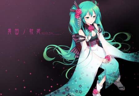 Miku - tears, aqua hair, miku append, bubbles, bunny, anime, kimono, aqua eyes, miku, cute, sit, love, hatsune miku, sexy, stars, girl, twintails, long hair, doll, vocaloid, headphones, smile, jpn, dress