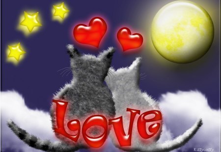 ♥ Love Cats ♥ - clouds, moon, nicht, dark sky, love, stars, love cats, red hearts, cats, hearts