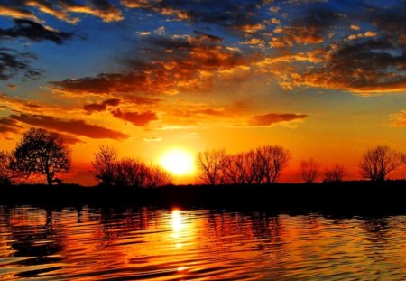 Sunset on the river - summer, sundown, amazing, sunrise, reflection, shore, lake, sky, sun, clouds, trees, water, dazzling, glow, river, glowing, nature, sunset, shine