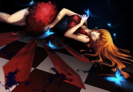 Udonnodu Girl - laying, anime girl, udonnodu girl, female, hot, checkered floor, dress, alone, cool, long hair, butterfly, orange hair, sexy, lipstick