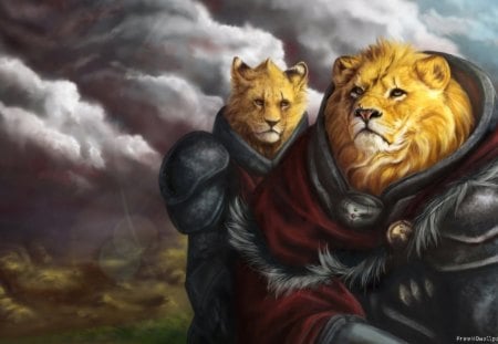 lions - clouds, lion, animal, art