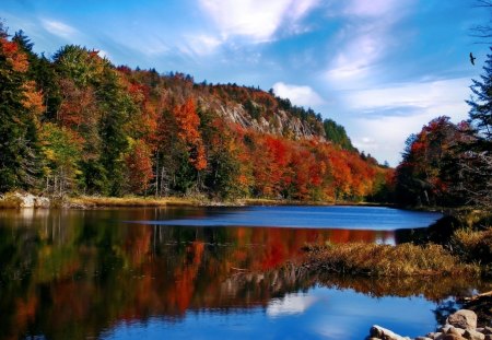 Adirondack State Park, New York - autumn, lake, sky, daylight, day, water, mountains, nature, forest, reflection, clouds, leaves, color