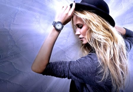 Beautiful Simple Fashion - hat, pretty, female, beautiful, hot, photography, fashion, beauty, lovely, photo, watch, fantasy, blond, model