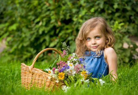 Little Lady - pretty, splendor, daisy, eyes, landscape, grass, flowers, daisies, face, little girl, forever, beautiful, girl, beauty, lovely, love, sweet, flower, bouquet, hair, wildflowers, basket, hands, smile, lips, nature, hand, green, cute, little, adorable