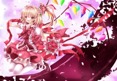 Flandre Scarlet - anime, flandre scarlet, dress, girl, blonde hair, petals, flowers, short hair, colorful, touhou, wings, ribbon, bow