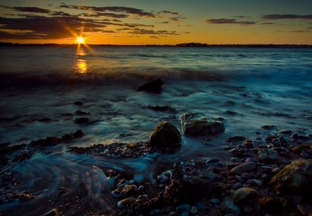 sundown on a rocky beach - sea, sunset, beach, rocks