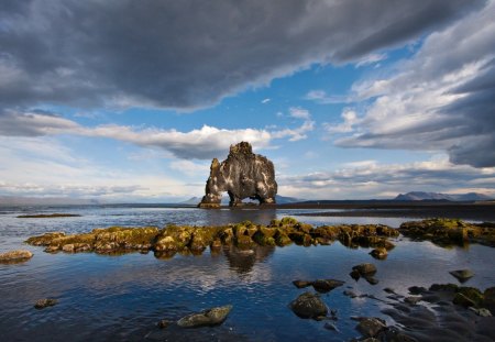 natural wall on the beach - beach, wall, rocks, clouds