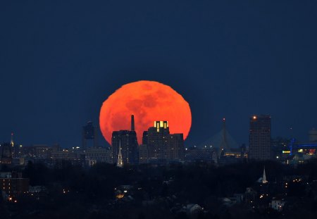 new moon over boston - moon, city, night, orange