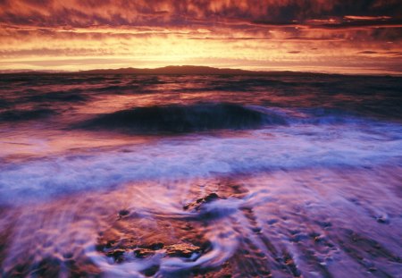 sunset over the coromandel paninsula - surf, clouds, beach, sunset, sea, mist, waves