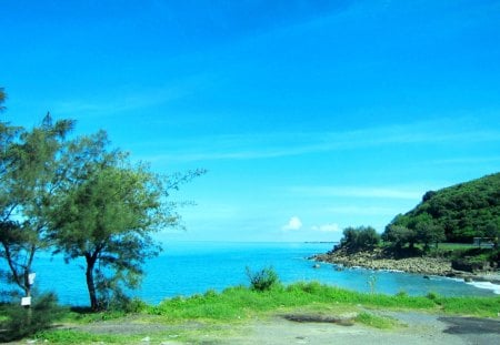 Sea and sky merged - sky, mountain, blue, beautiful, refreshing, tree, sea