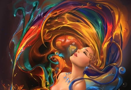 colorful hair whip - artistic, beauty, fantasy, woman