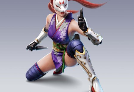 Kunimitsu - plain background, grey background, thigh highs, mask, lone, kunimitsu, red hair, kunai, games, long hair, video games, weapon