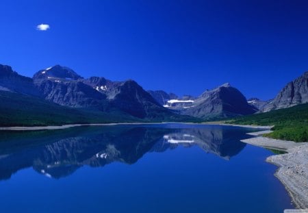 Blue Mountain Lake - forest, water, daylight, grass, blue, lake, sky, land, clouds, nature, mountain, day