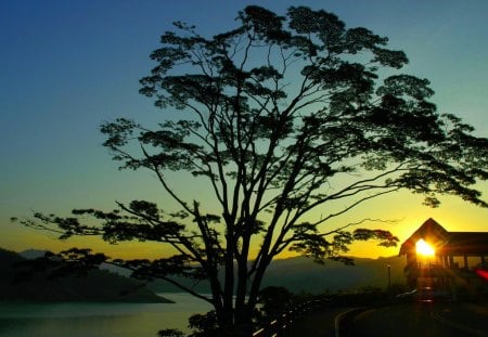 SUNRISE - river, structure, tree, mountain, sunrise