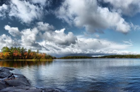 Forest Lake - clouds, water, colors, forest, shore, nature, autumn, lake, day, sky, rocks