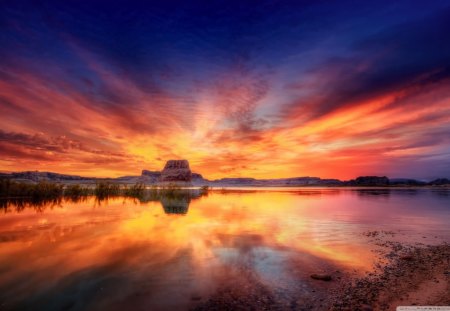 Beautiful Sunset - water, beach, yellow, sand, lake, sky, clouds, orange, sunset, nature, colors, day