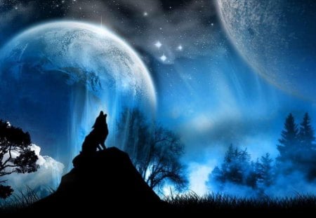 THE WOLF AND THE MOONS - night time, stars, wolves, silouette, skies, moons, nature, universe, animals