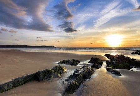 DEVON SUNRISE - rocks, beach, seaside, serenity, ocean, peaceful, sunsets, low tide, nature, skies, sunrise, sunshine