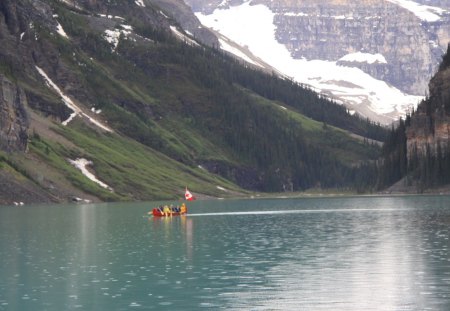 Lake at Banff Alberta Canada - lakes, canoe, photography, snow, green