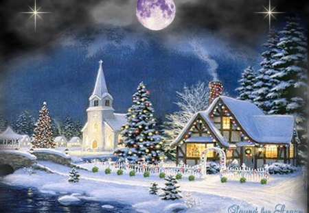 christmas church - moon, scenic, nature, seasonal