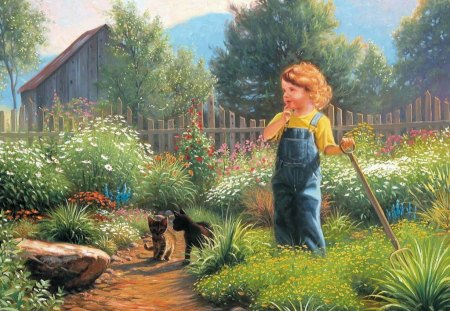 little gardener - boy, art, nature, garden