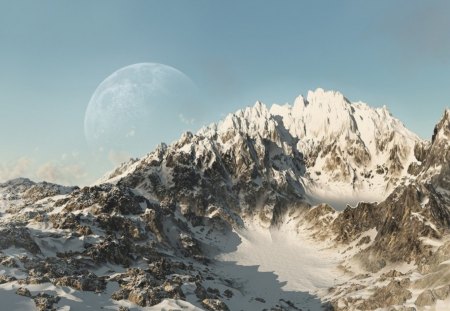 Full Moon Mountains - snow, moon, space, mountains